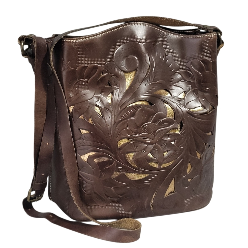 Patricia Nash Lavello Cutout Tooled Leather Bucket Crossbody Bag Boho Western